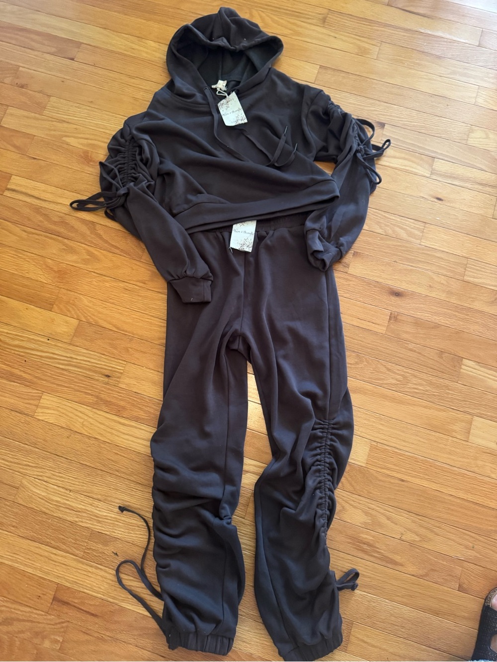 Women’s Dark Brown Hooded sweatsuit Set with Ruched Details on arms and legs